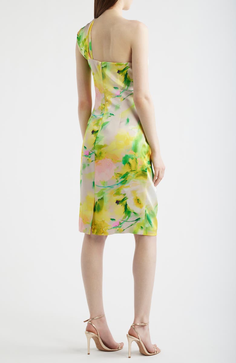 Eliza J Abstract Floral One-Shoulder Satin Cocktail Sheath Dress, Alternate, color, Yellow