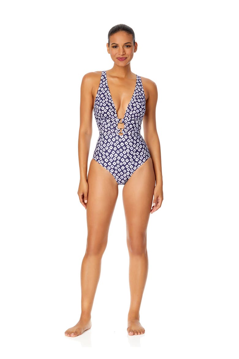 Women's Tie Dye Ikat Double Ring Plunge Front One Piece Swimsuit, Alternate, color, Shibori Geo Blue