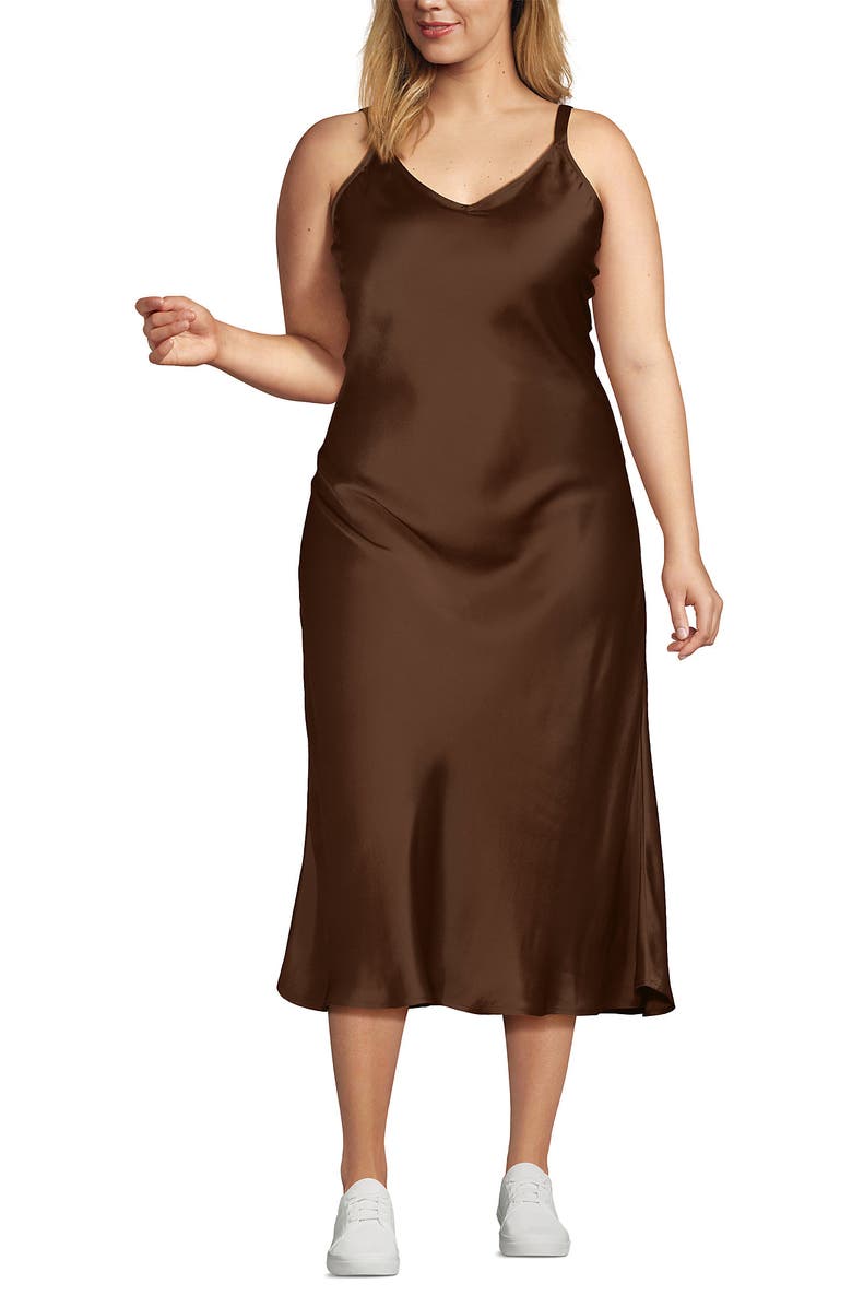 Lands' End Plus Size Satin Slip Dress, Main, color, Tree Bark
