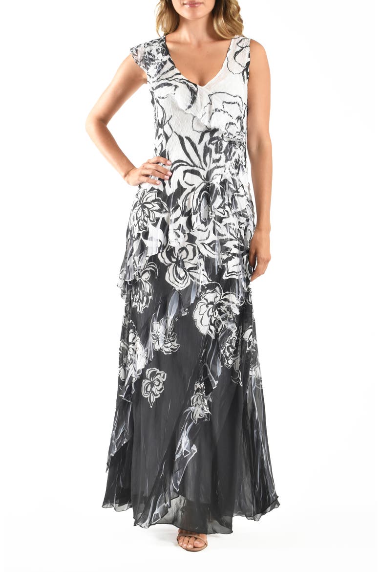 Ruffle Chiffon Cocktail Dress, Main, color, EBONY BORDER