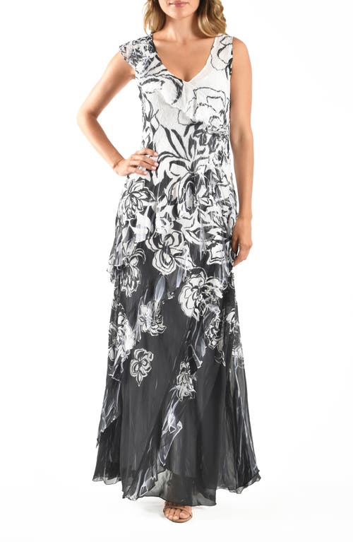 Komarov Ruffle Chiffon Cocktail Dress in Ebony Border 