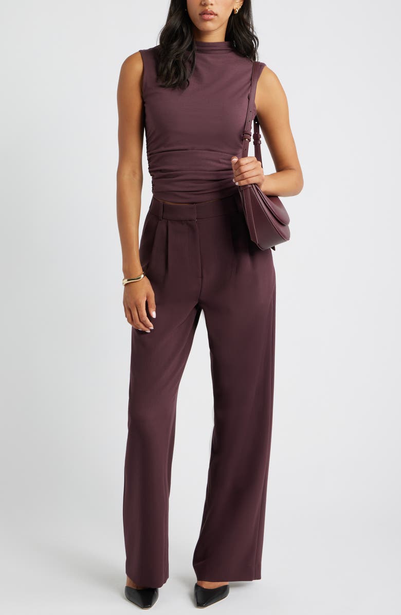 Open Edit Ruched Mock Neck Tank, Alternate, color, Burgundy Fudge