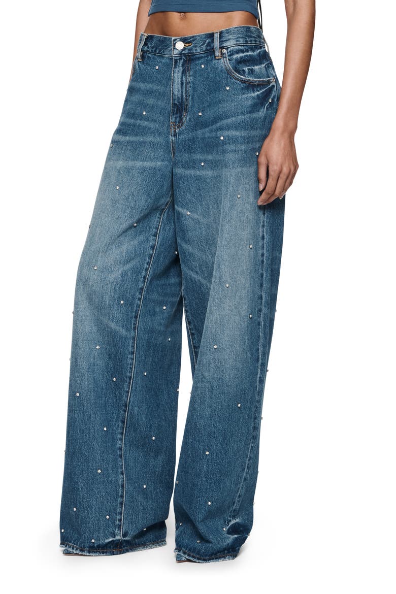 Rhinestone Baggy Wide Leg Jeans, Alternate, color, MID INDIGO