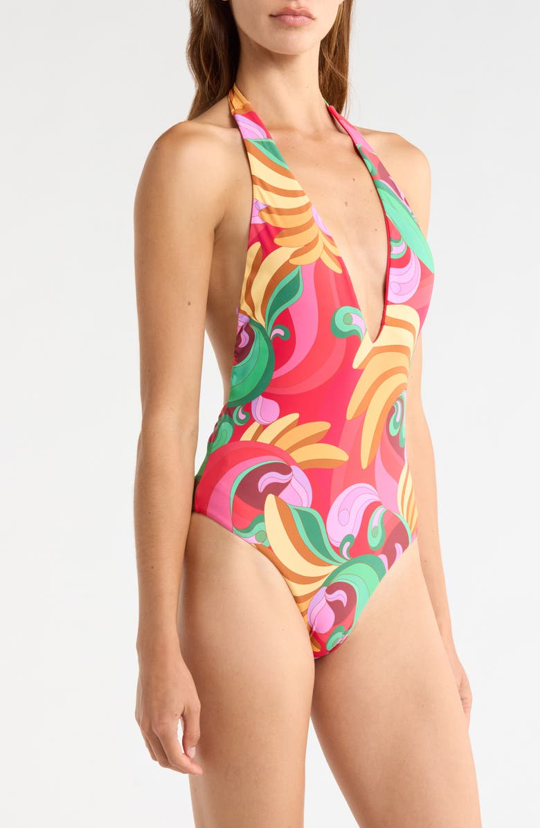 FARM Rio Halter Neck One-Piece Swimsuit, Alternate, color, Banana Queen