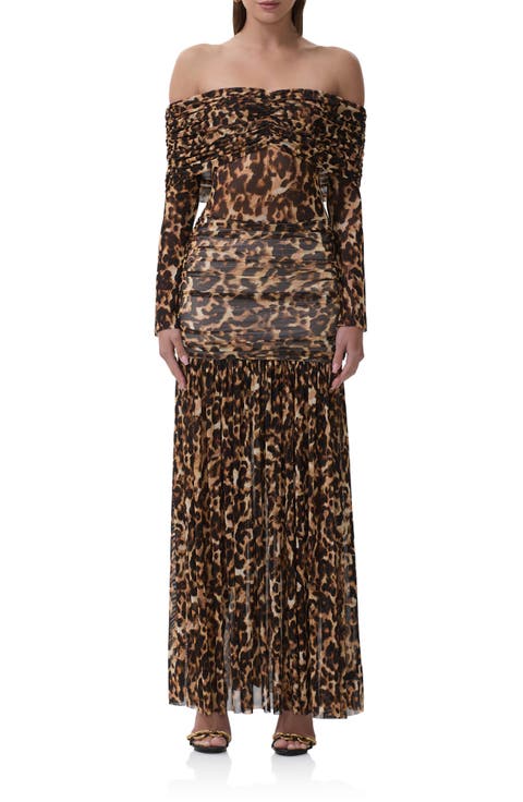 Emmeline Leopard Print Off the Shoulder Maxi Dress