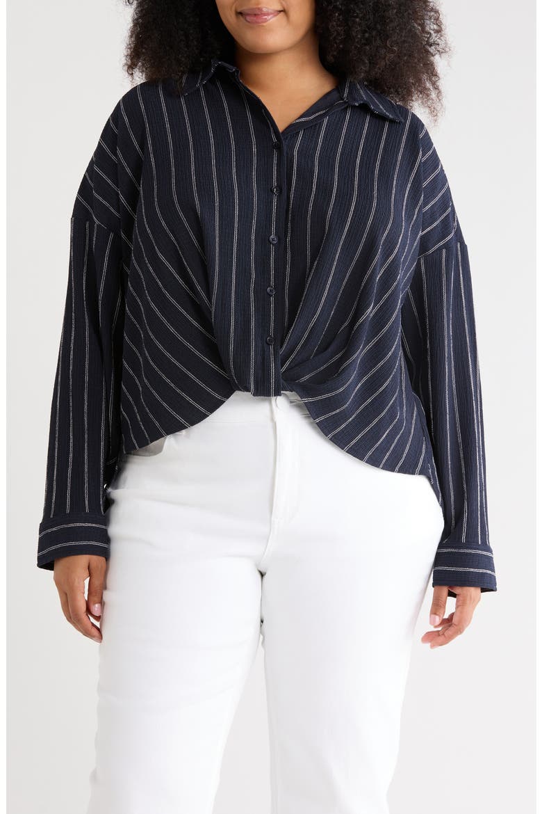 Texture Front Twist Button-Up Shirt, Main, color, NAVY- IVORY REVA STRIPE