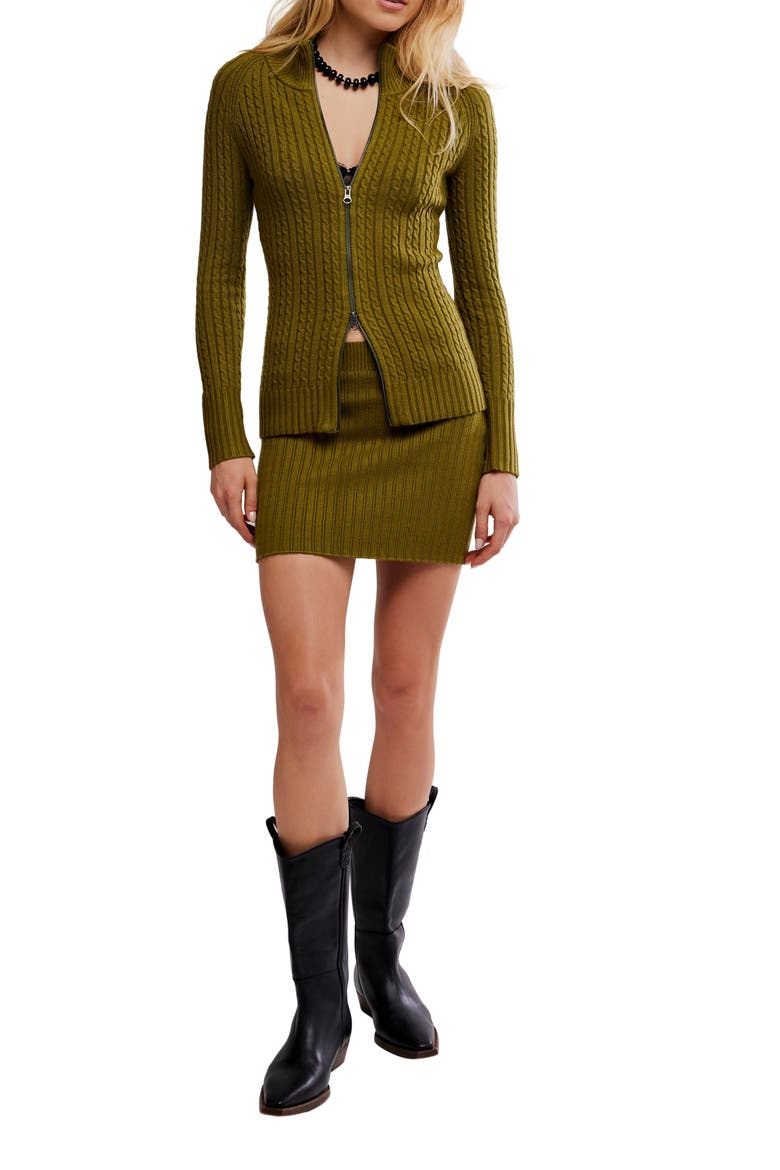Eliza Cable Zip-Up Cardigan & Rib Miniskirt Set, Main, color, CARDAMON SEED