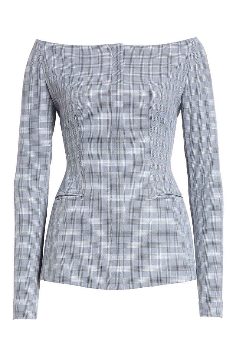 McClair Plaid Off the Shoulder Jacket, Alternate, color, BLACK/ WHITE