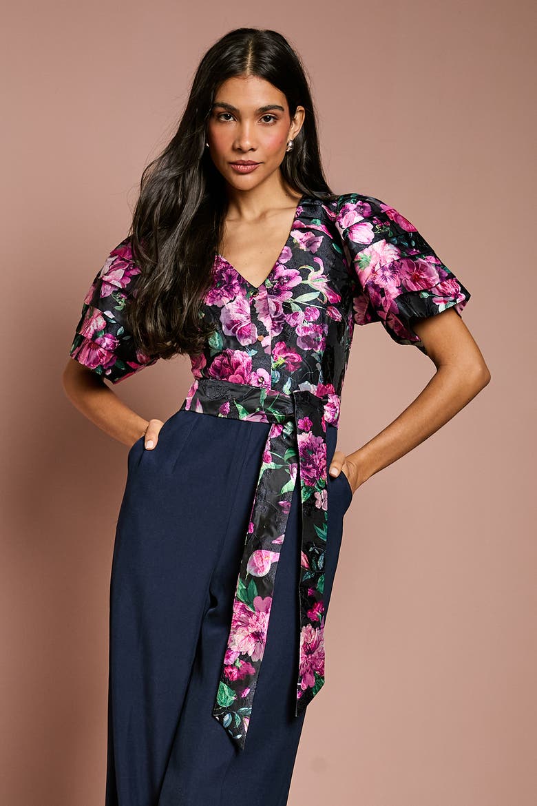 Printed Tiered Sleeve Organza Jumpsuit, Alternate, color, Multi