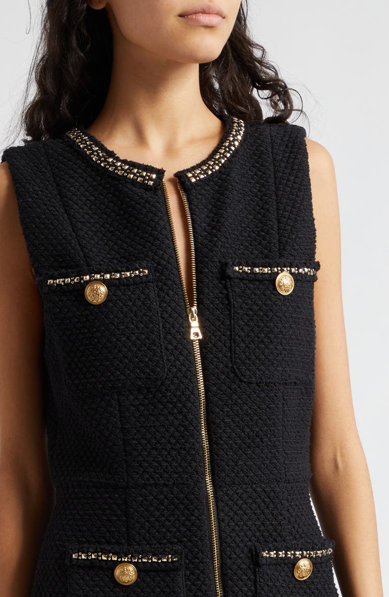 Alice + Olivia Lachlan Front Zip Sleeveless Tweed Dress, Alternate, color, 