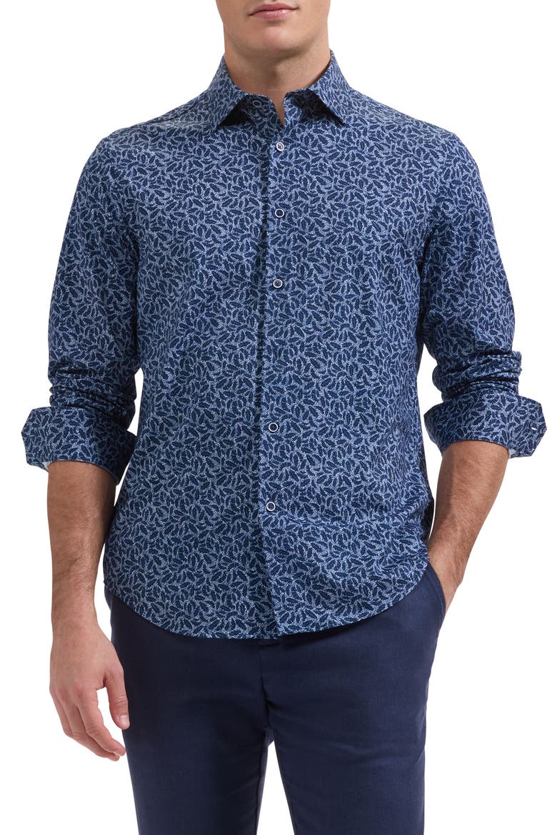 James OoohCotton® Leaf Print Button-Up Shirt, Main, color, NAVY