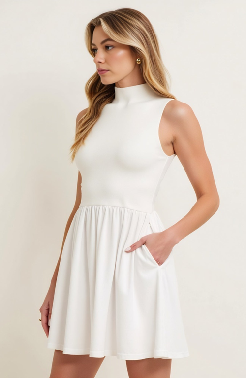 Modenaire Mock Neck Sleeveless Mini Dress With Gathered Skirt And Pockets