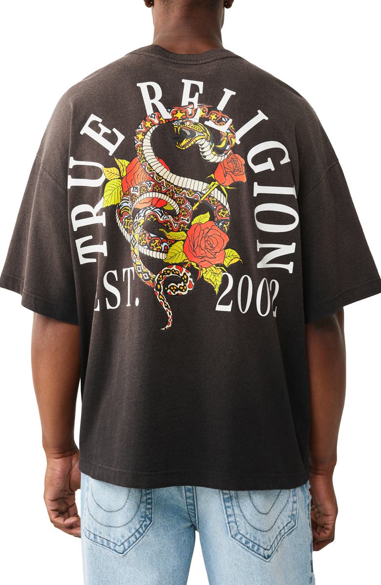 True Religion Oversize Floral Snake Graphic T-Shirt, Alternate, color, Jet Black