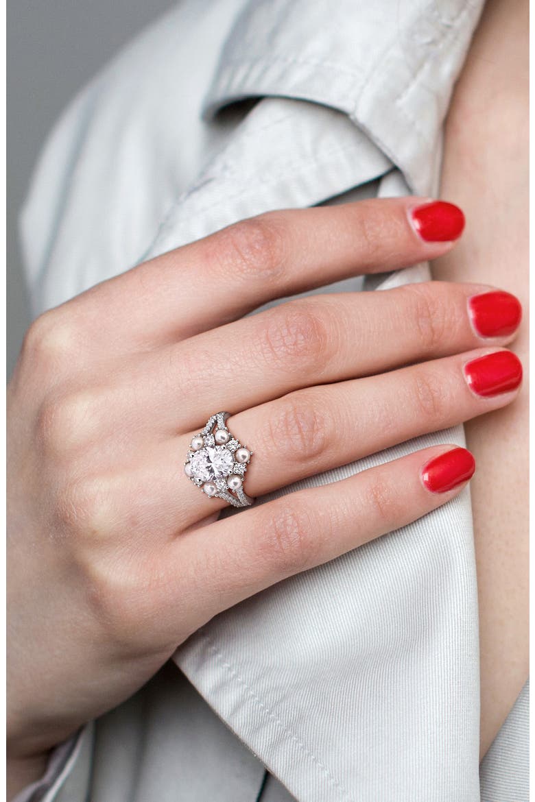 Cultured Freshwater Pearl and Cubic Zirconia Statement Ring, Alternate, color, WHITE GOLD