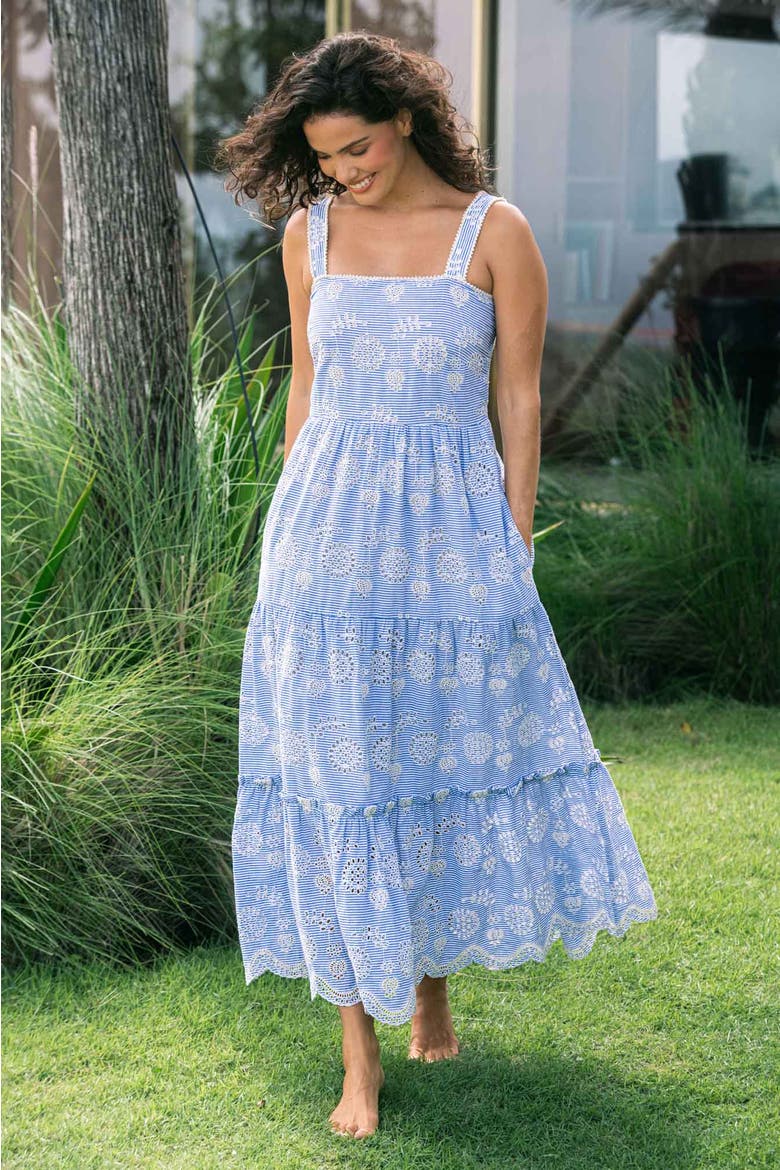 Lizzie Pinstripe Eyelet Tiered Midi Dress, Alternate, color, Sky/Natural