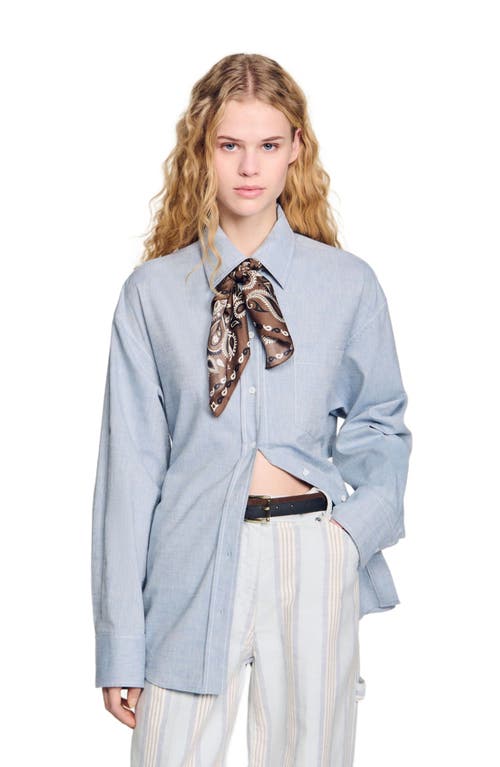 Sandro Womens Bleus Tie-back Relaxed-fit Stretch-cotton And Linen-blend Shirt In Sky Blue