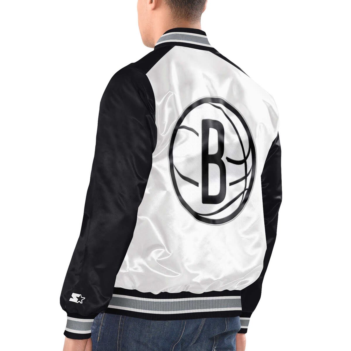 Men's Starter White/Black Brooklyn Nets Renegade Satin Full-Snap Varsity Jacket - image 2