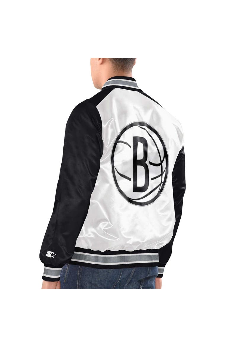 Men's Starter White/Black Brooklyn Nets Renegade Satin Full-Snap Varsity Jacket, Alternate, color, White