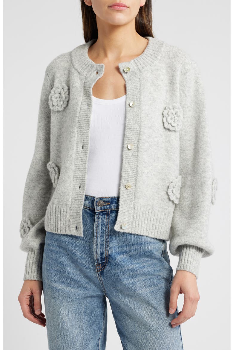 Francesca 3D Floral Embellished Cardigan, Main, color, HEATHER GREY
