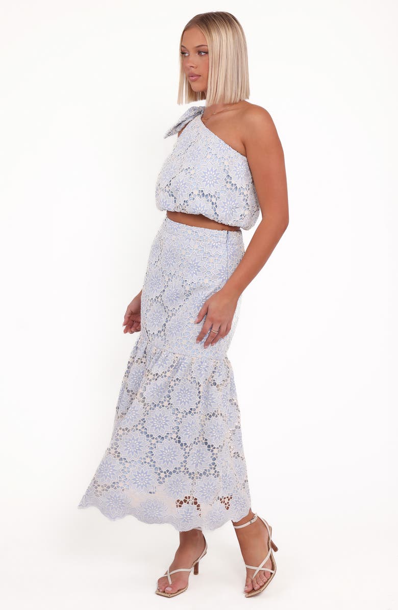 Petal & Pup Jennie Lace One-Shoulder Crop Top & Maxi Skirt Set, Alternate, color, Blue