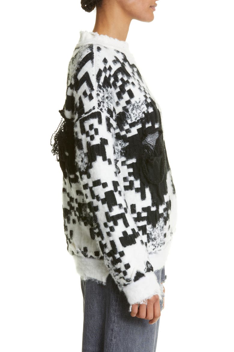 Gender Inclusive Oversize QR Code Jacquard Distressed Sweater, Alternate, color, WHITE/ BLACK