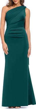 Xscape Evenings Sash Detail One-Shoulder Scuba Crepe Sheath Gown