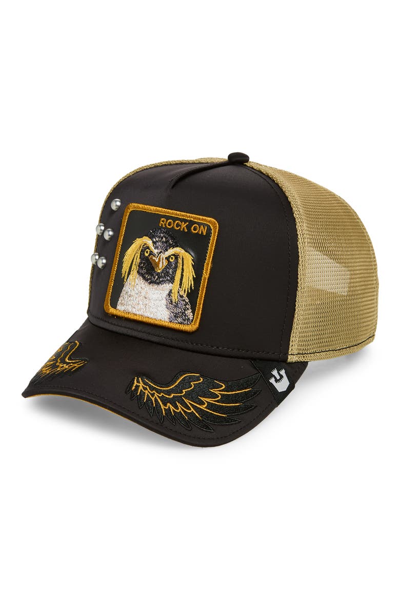 Oozey Embroidered Patch Trucker Hat, Main, color, BLACK