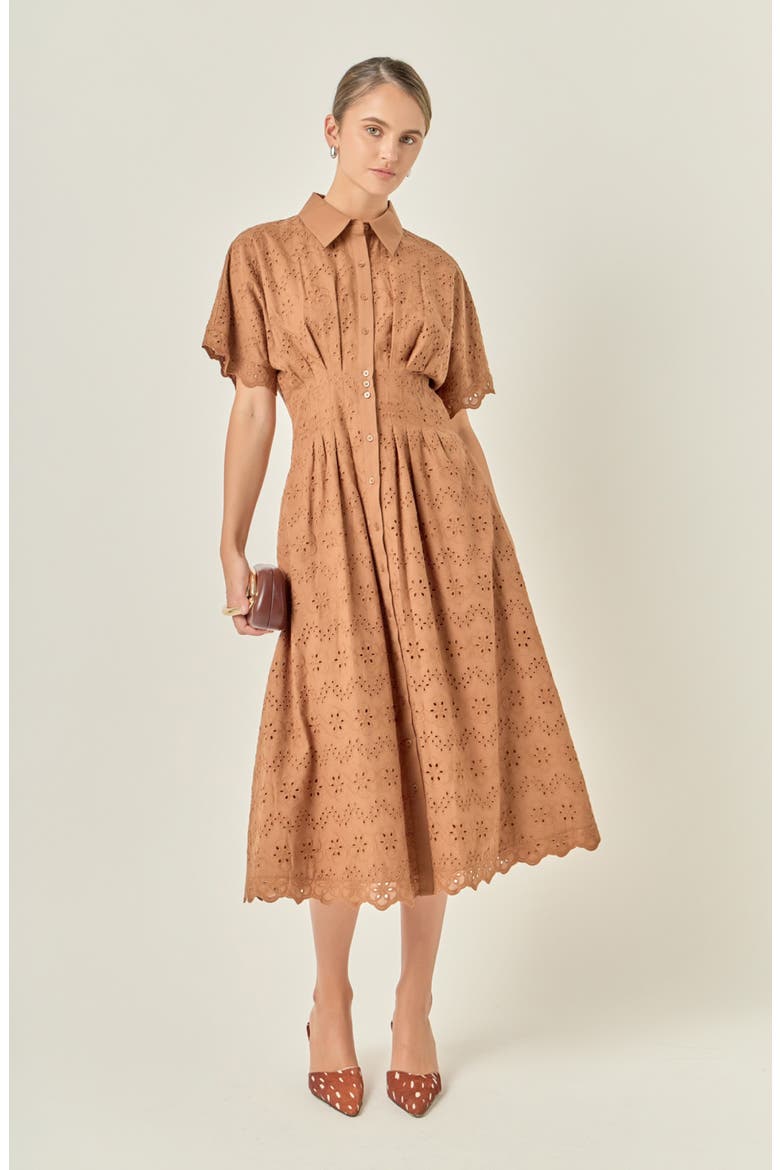 Eyelet Cinched Waist Midi Shirtdress, Alternate, color, BROWN