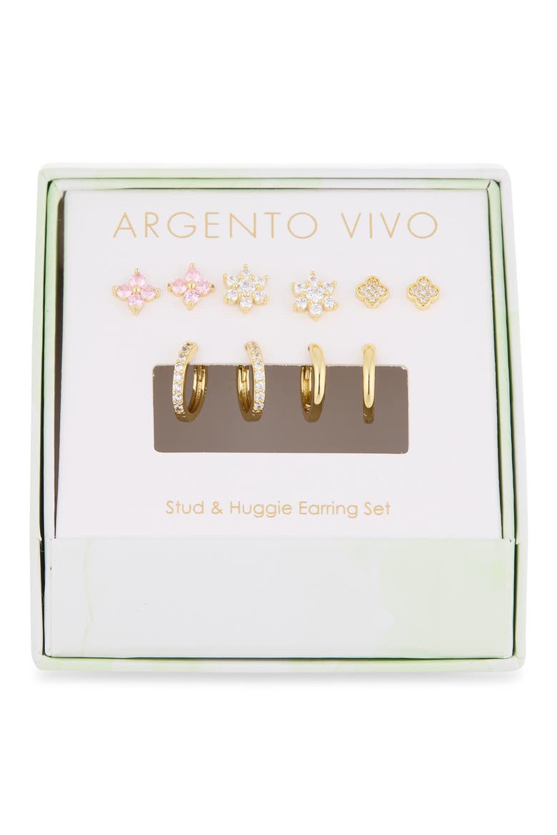 Cubic Zirconia Clover Mixed Stud & Huggie Earring Set, Main, color, GOLD