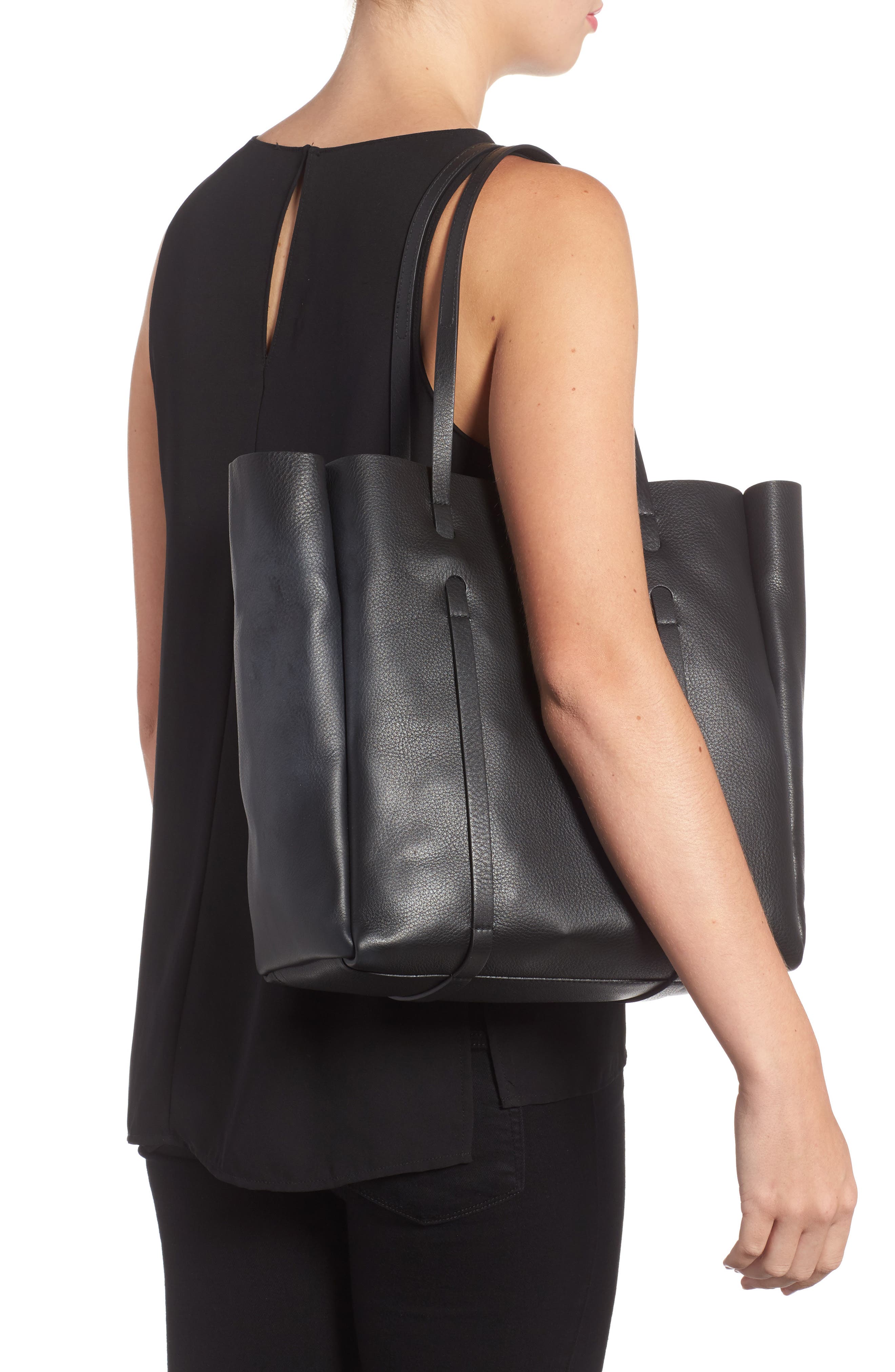 Small Everyday Calfskin Tote, Alternate, color, NOIR/ NOIR