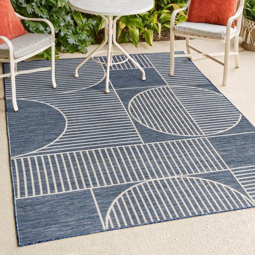 Jonathan Y Arielle Mid-century Modern Geometric Lines Reversible Machine-washable Indoor/outdoor Are In Navy/cream