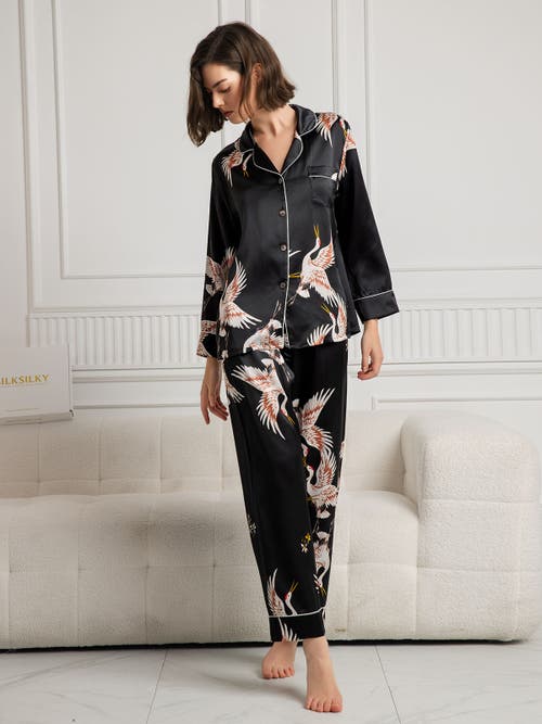Silksilky 19momme Pure Silk Printed Classic Binding Trim Womens Pajama Set In Black