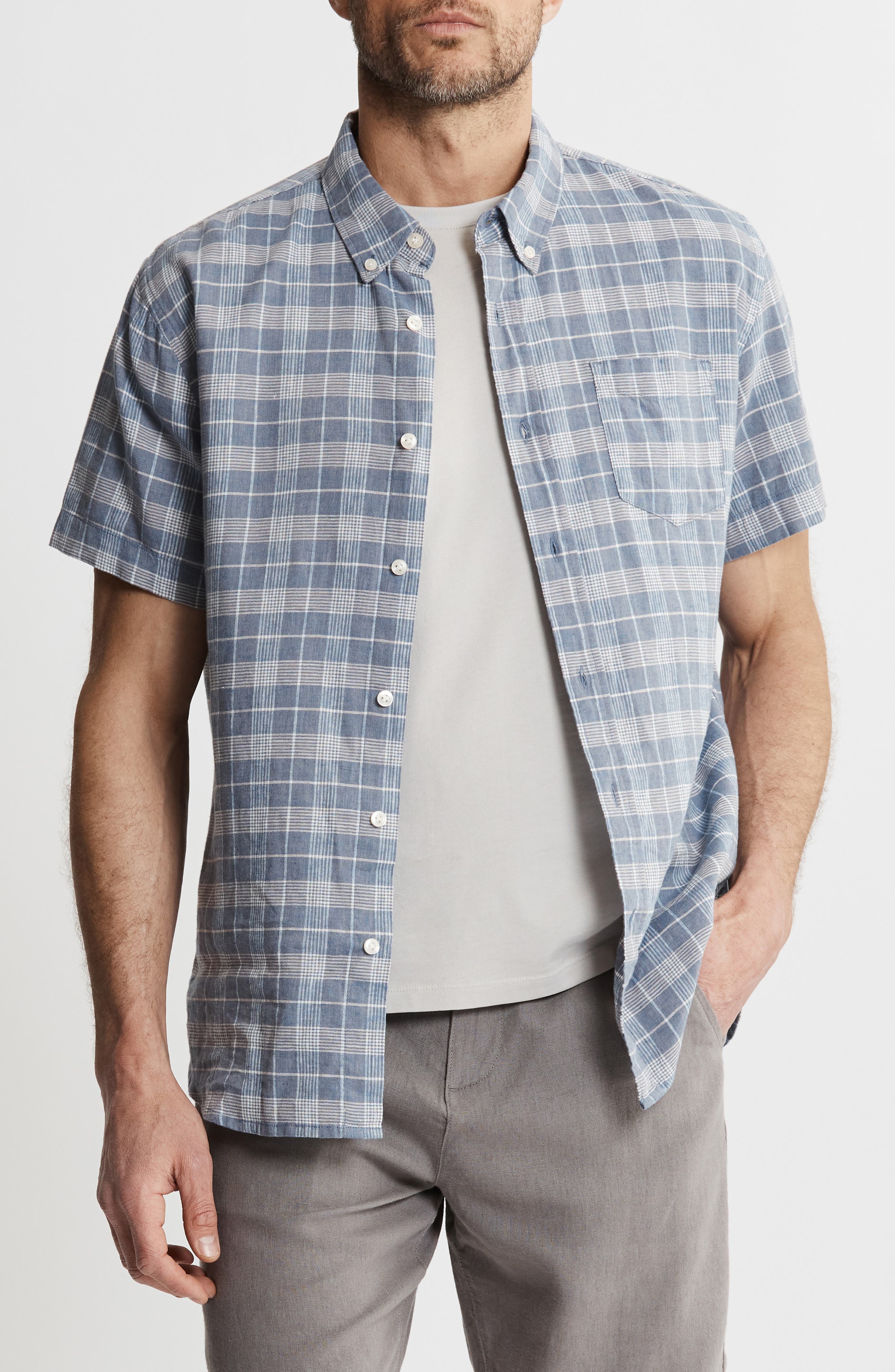 JACHS Plaid Cotton & Linen Short Sleeve Shirt
