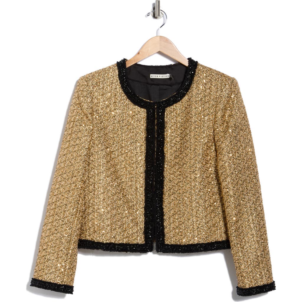 Alice And Olivia Landon Cropped Boxy Jacket With Embellished Trim In Brown