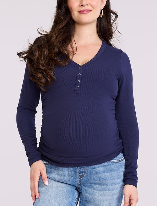 Motherhood Maternity V-neck Side-ruched Long Sleeve Henley Tee In Blue
