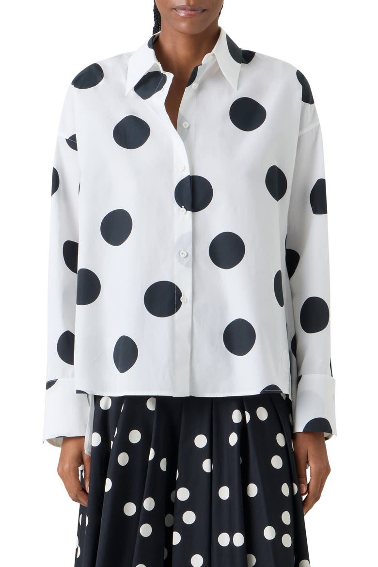X-Large Polka Dot Oversize Cotton Poplin High-Low Button-Up Shirt, Main, color, CREAM-BLACK