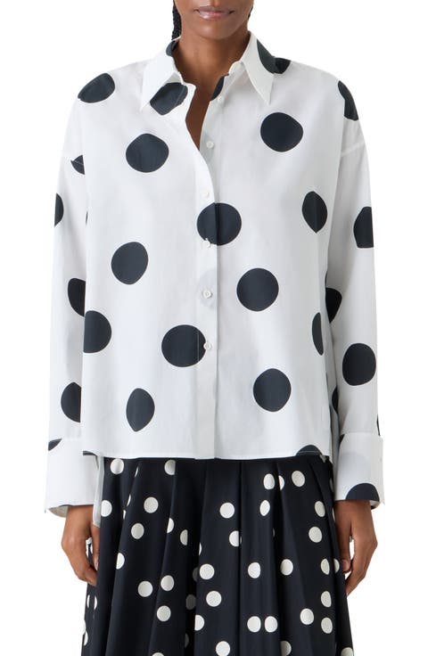 X-Large Polka Dot Oversize Cotton Poplin High-Low Button-Up Shirt