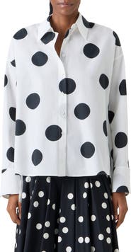 Akris punto X-Large Polka Dot Oversize Cotton Poplin High-Low Button-Up Shirt