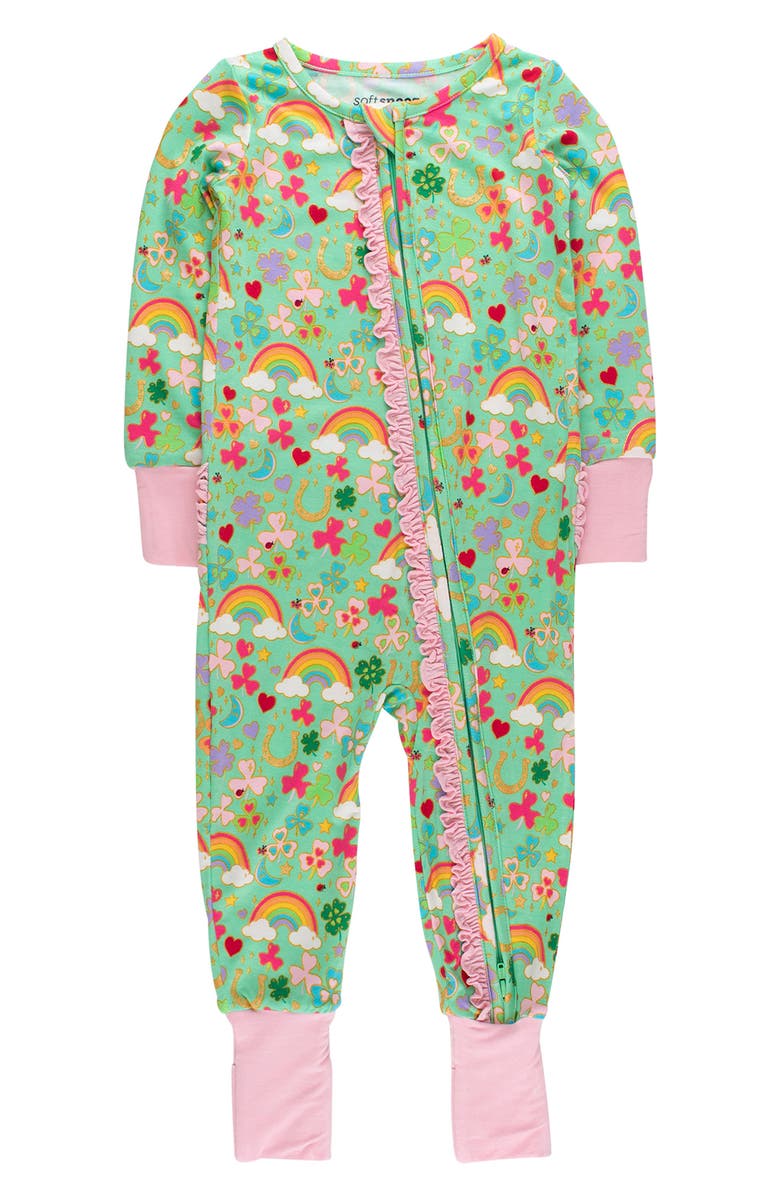 RuffleButts Lucky Day Print Ruffle Convertible Romper, Main, color, Green