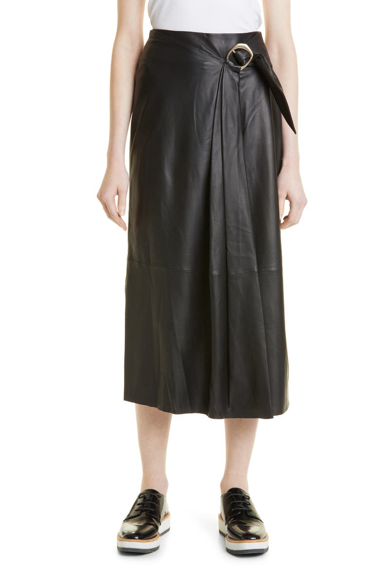 Wavy Buckle Leather Midi Skirt, Main, color, 001BLK-BLACK