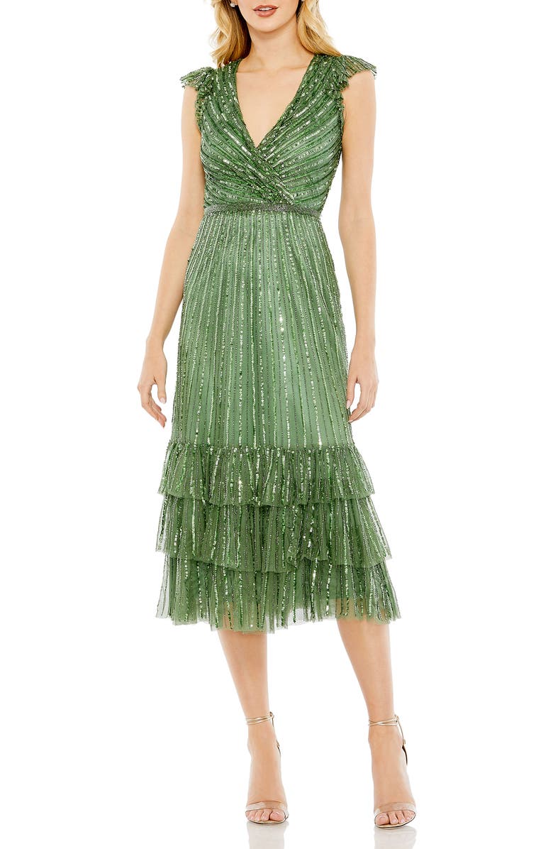 Mac Duggal Women's Sequined Wrap Over Cap Sleeve Ruffle Hem Dress, Main, color, Sage