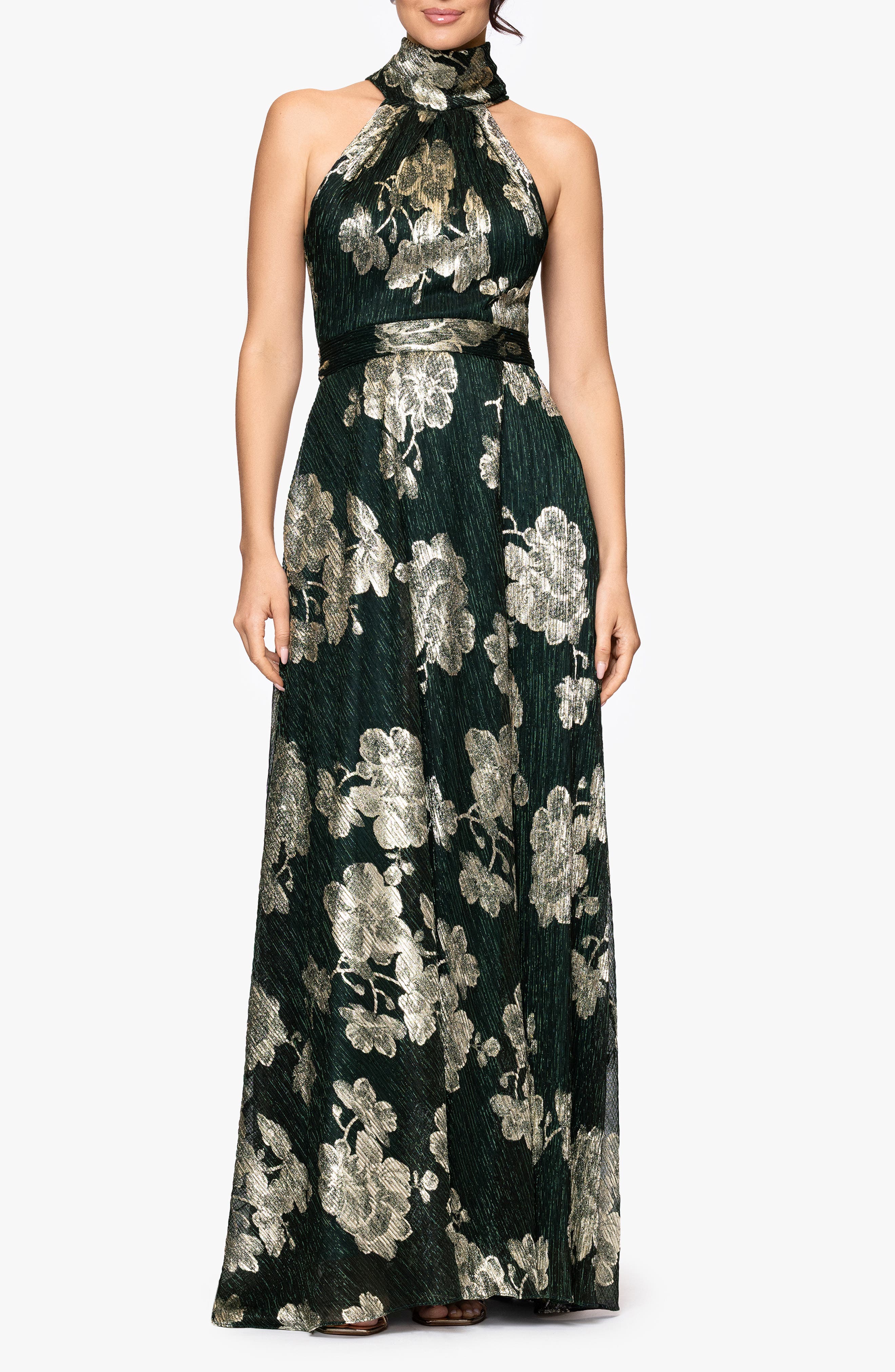 Betsy & Adam Crinkle Metallic Floral Gown