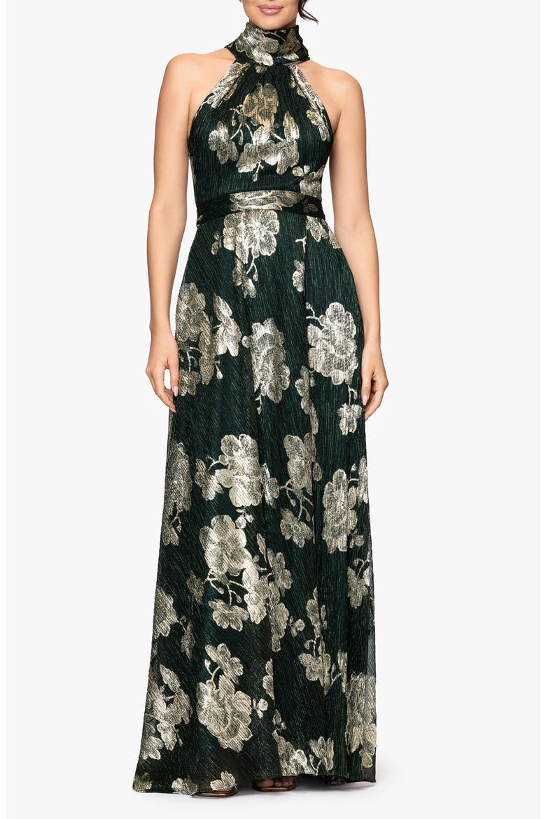 Crinkle Metallic Floral Gown, Main, color, HUNTER/ GOLD