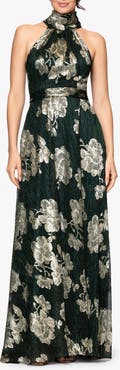 Betsy & Adam Crinkle Metallic Floral Gown
