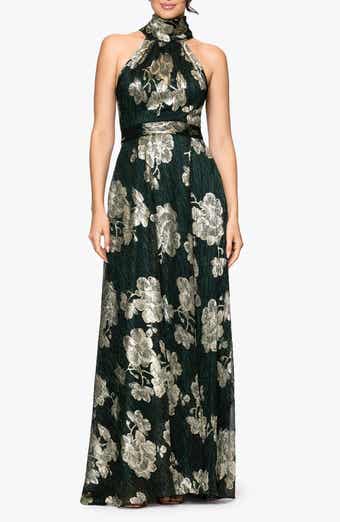 Betsy & Adam Crinkle Metallic Floral Gown