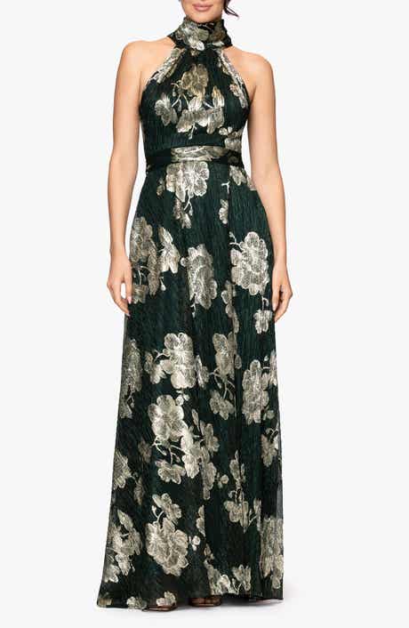 Betsy & Adam Crinkle Metallic Floral Gown