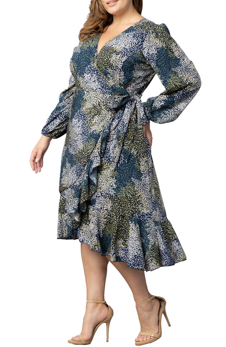Kiyonna Julia Long Sleeve Midi Wrap Dress, Alternate, color, Blue Impressionist Print