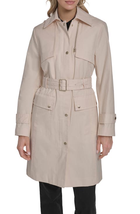 Water Resistant Convertible Collar Belted Trench Coat with Removable Hood
