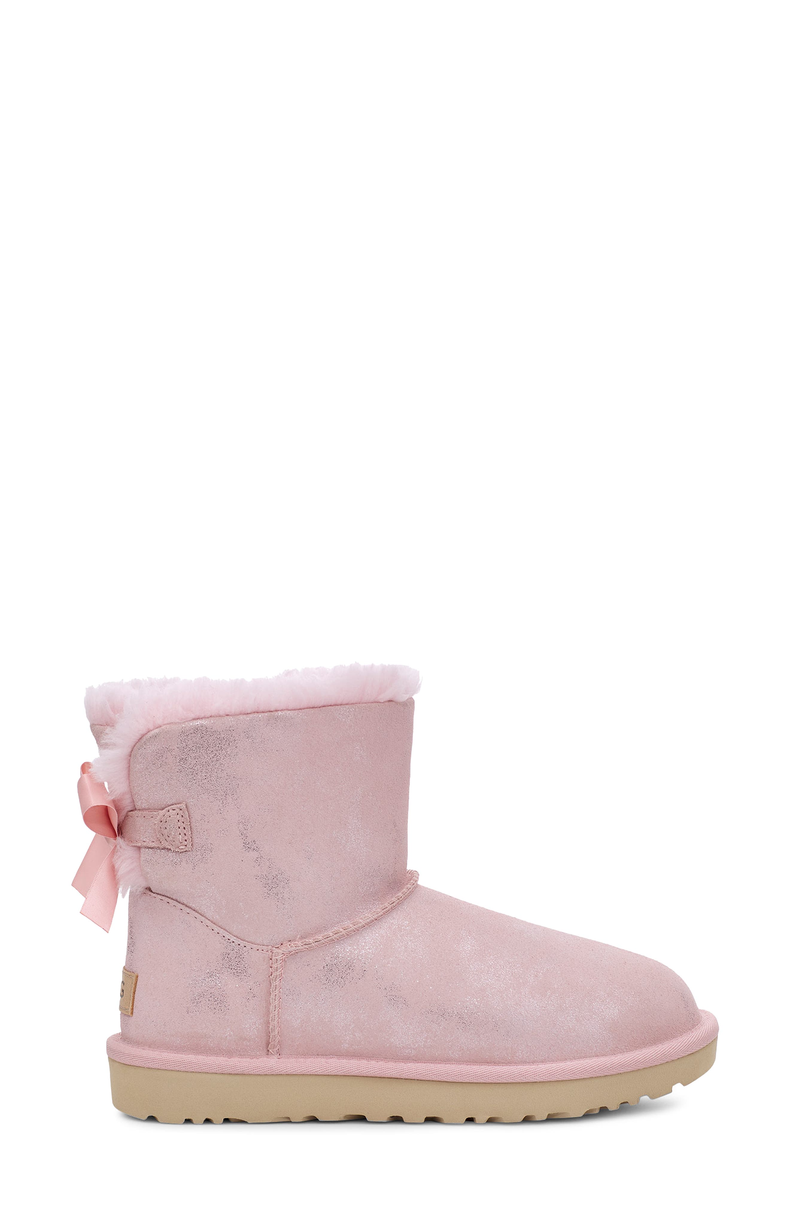 Mini Bailey Bow II Genuine Shearling Bootie, Alternate, color, PINK CLOUD METALLIC SUEDE