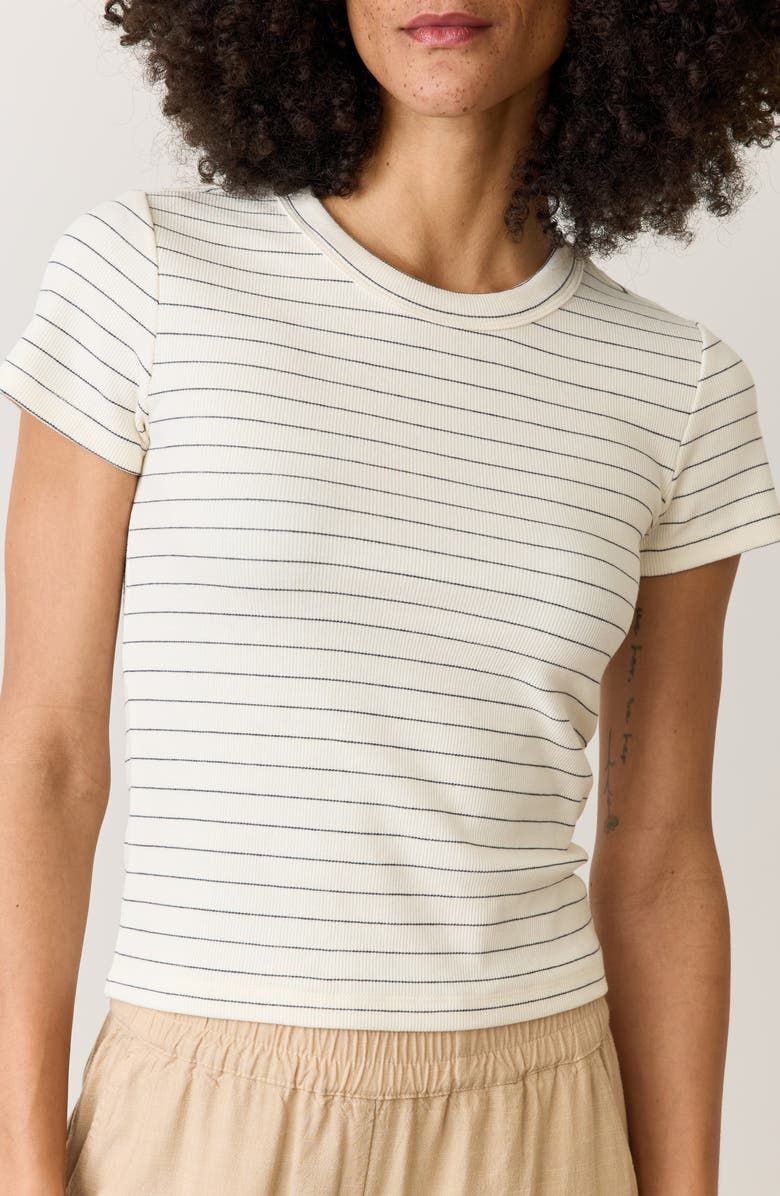 Marine Layer Lexi Sun-In Stripe Rib Crewneck T-Shirt, Main, color, Black Stripe/ Off White